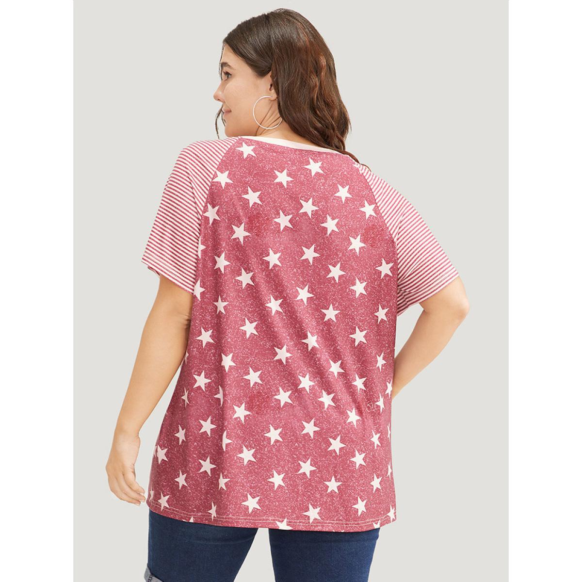 Plus Size Star Patchwork Striped Raglan Sleeve T-shirt Russet Women Casual Moon and Star Round Neck Dailywear T-shirts BloomChic 26/4X Product Image