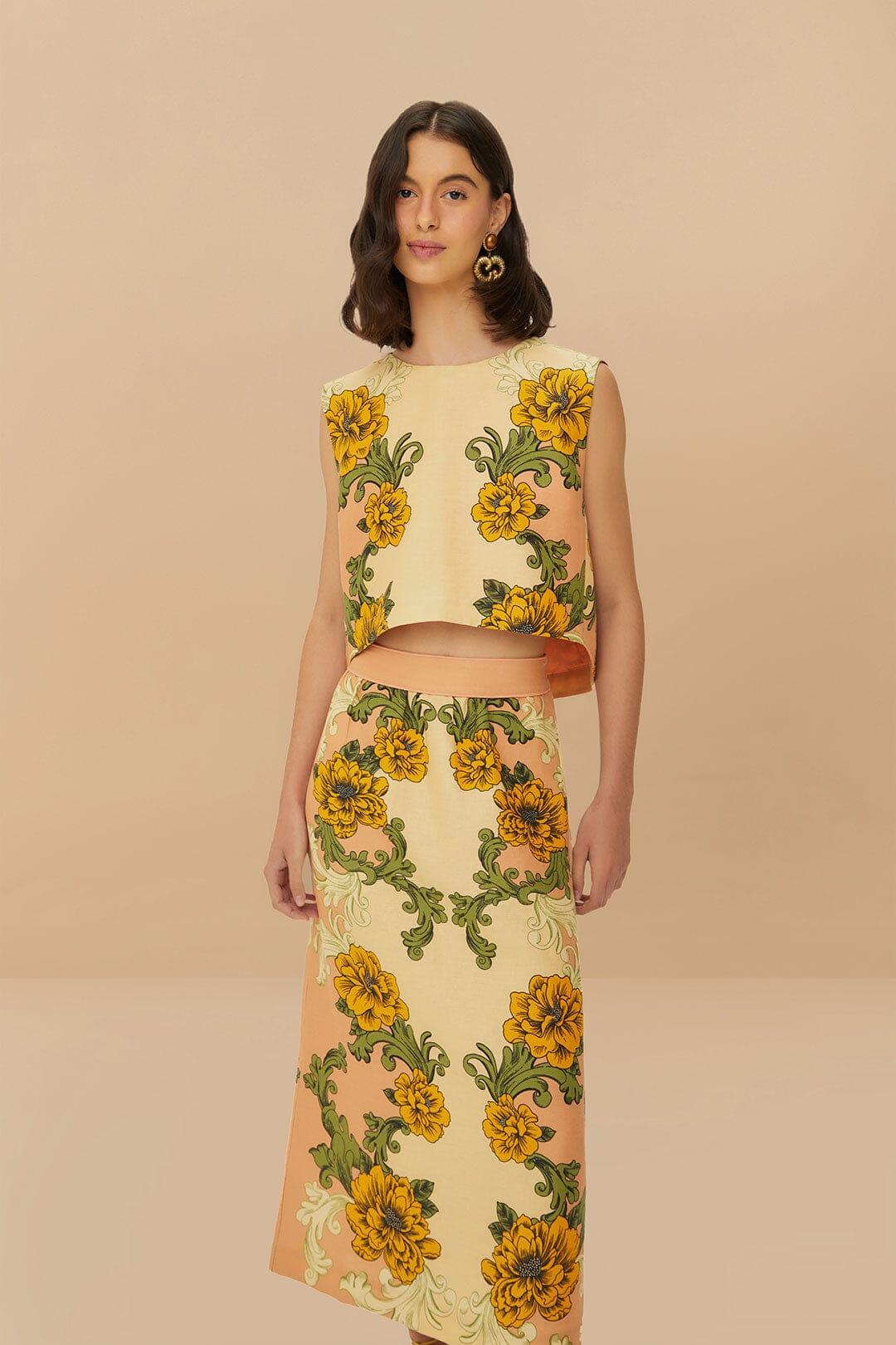 Cream Delicate Flower Arabesques Euroflax™ Premium Linen Midi Skirt Product Image