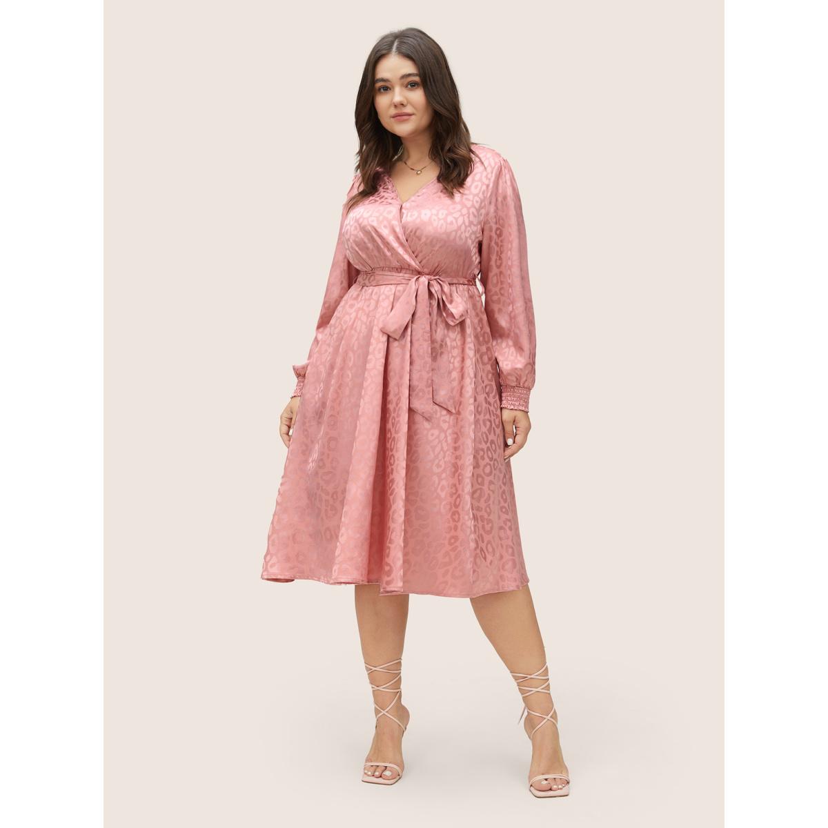 Plus Size Leopard Shirred Wrap Belted Gathered Dress Crepe Women Elegant Wrap Overlap Collar Long Sleeve Curvy Midi Dress BloomChic 30/6X Product Image