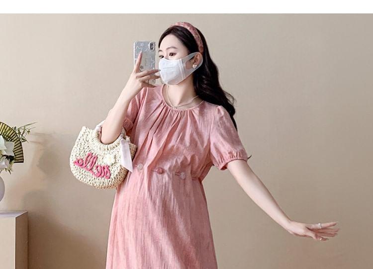 Maternity Short Sleeve Round Neck Beaded Drawstring Waist Maxi A-Line Dress Product Image