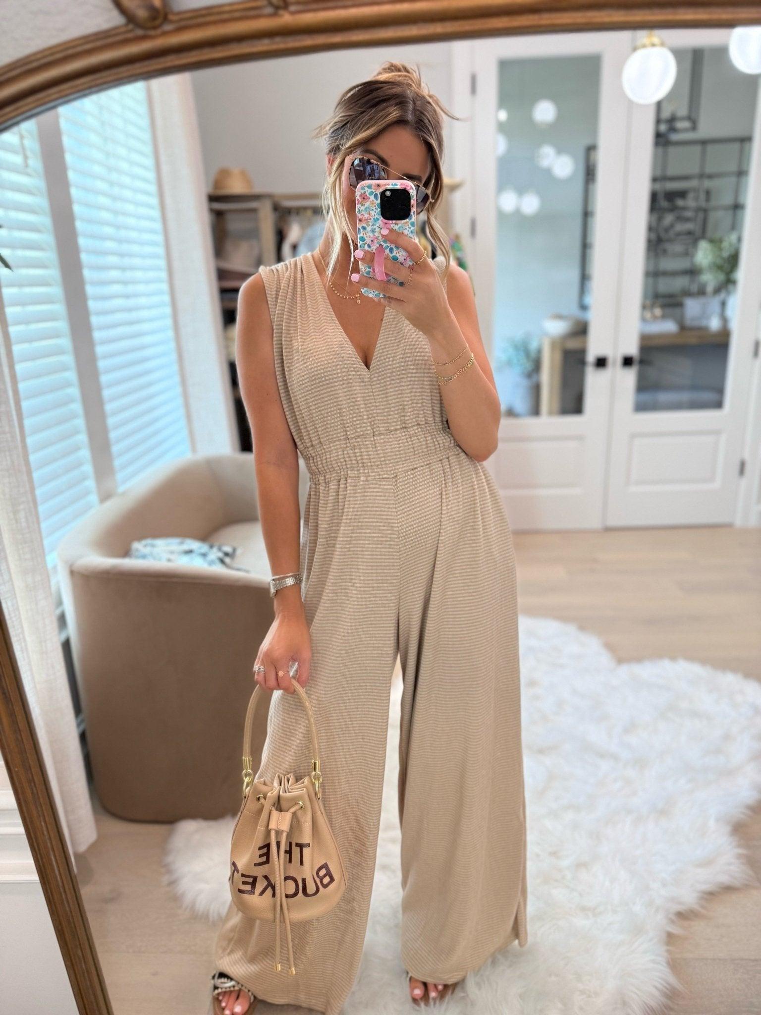 Taupe Striped Wide Leg Jumpsuit Product Image
