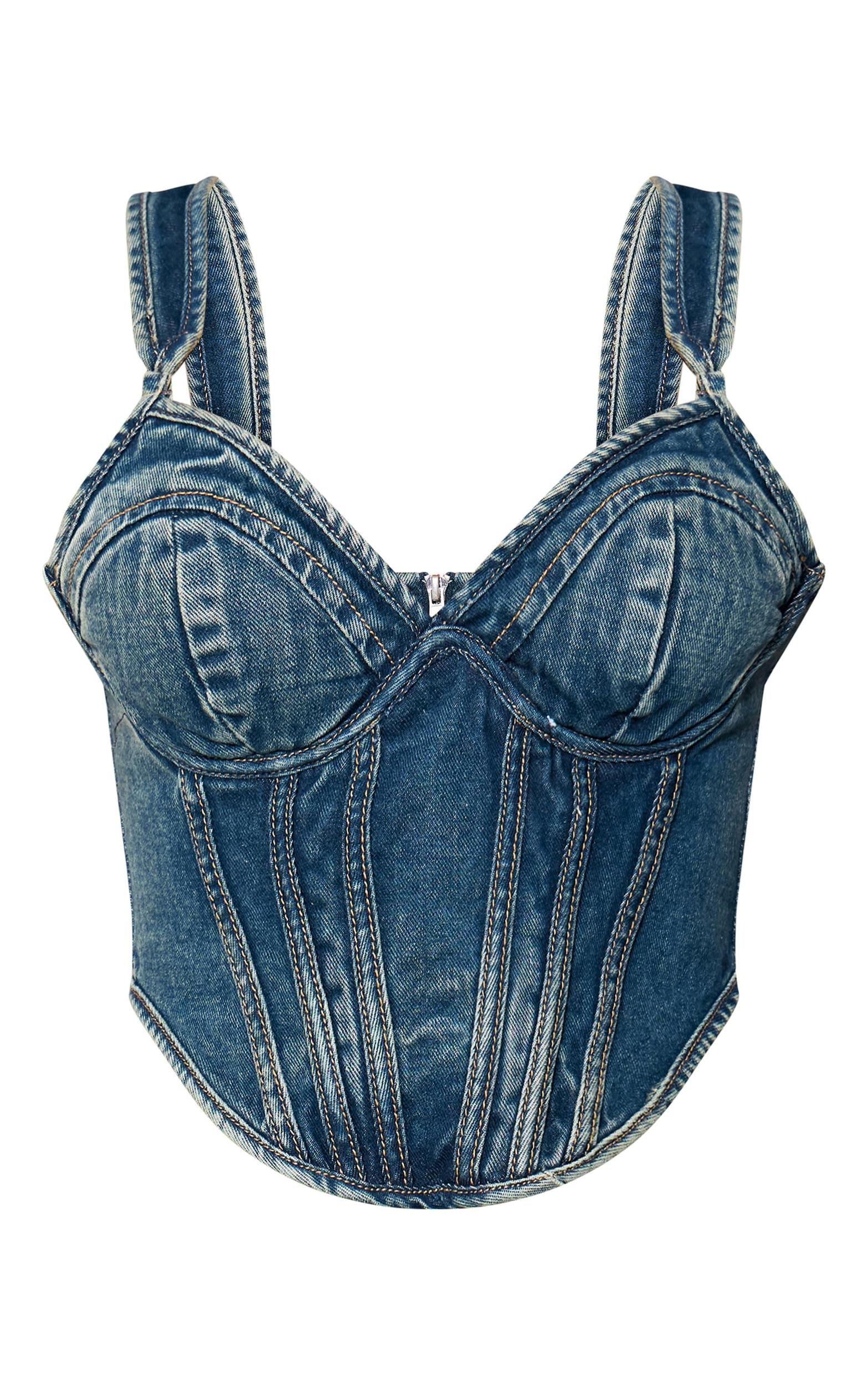 Vintage Wash Dip Hem Bust Cup Denim Corset Product Image