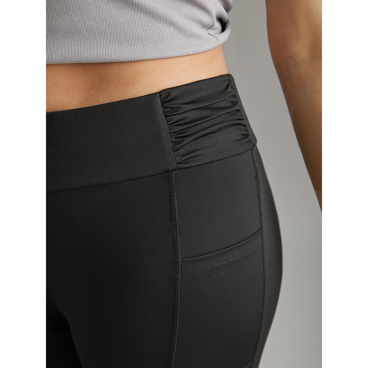 Plus Size Plain Ruched Side Pocket Wideband Waist Leggings Women Black Casual High stretch Skinny High Rise Dailywear Leggings BloomChic 14-16/1X Product Image