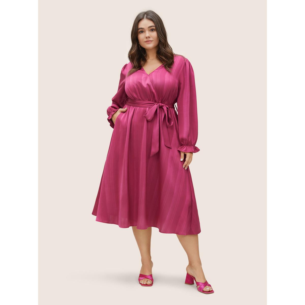 Plus Size Striped Elastic Waist Wrap Belted Gathered Dress RedViolet Women Elegant Non Overlap Collar Long Sleeve Curvy Midi Dress BloomChic 12/L Product Image