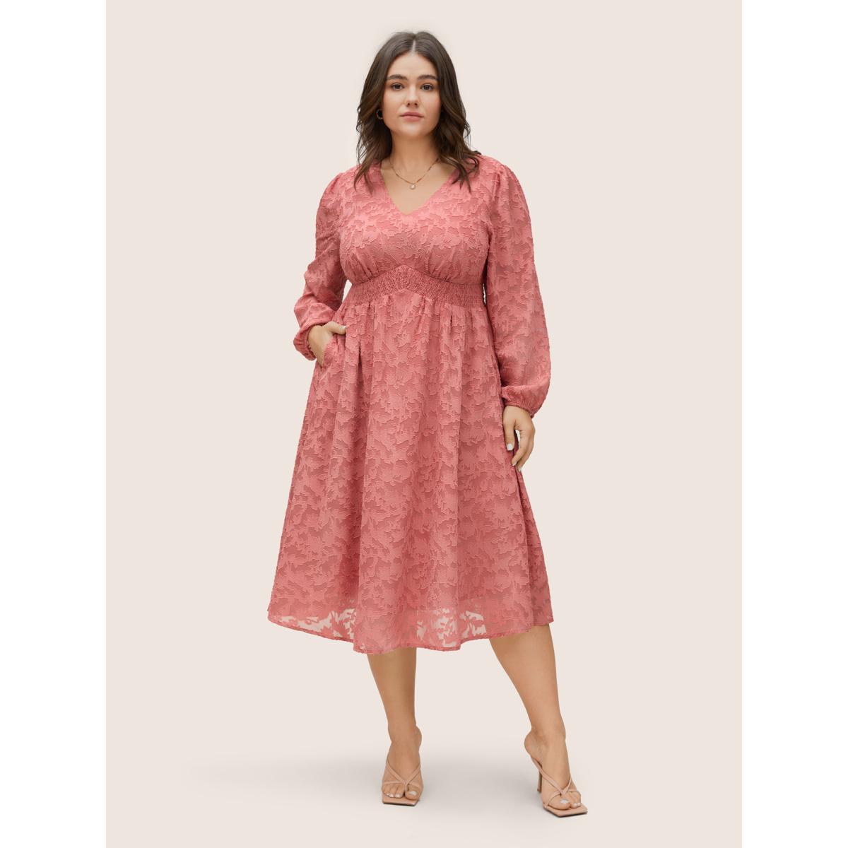 Plus Size Jacquard Texture Shirred Elastic Waist Dress Watermelon Women Elegant Elastic cuffs V-neck Long Sleeve Curvy Midi Dress BloomChic 30/6X Product Image