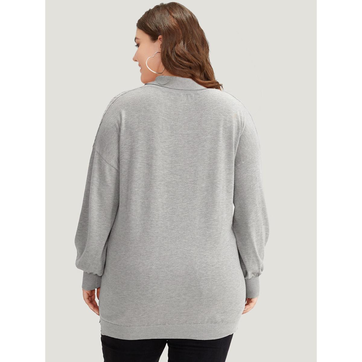 Plus Size Plain Lapel Collar Plisse Zipper Pullover LightGray Women Casual Loose Long Sleeve Lapel Collar Dailywear Pullovers BloomChic 26/4X Product Image