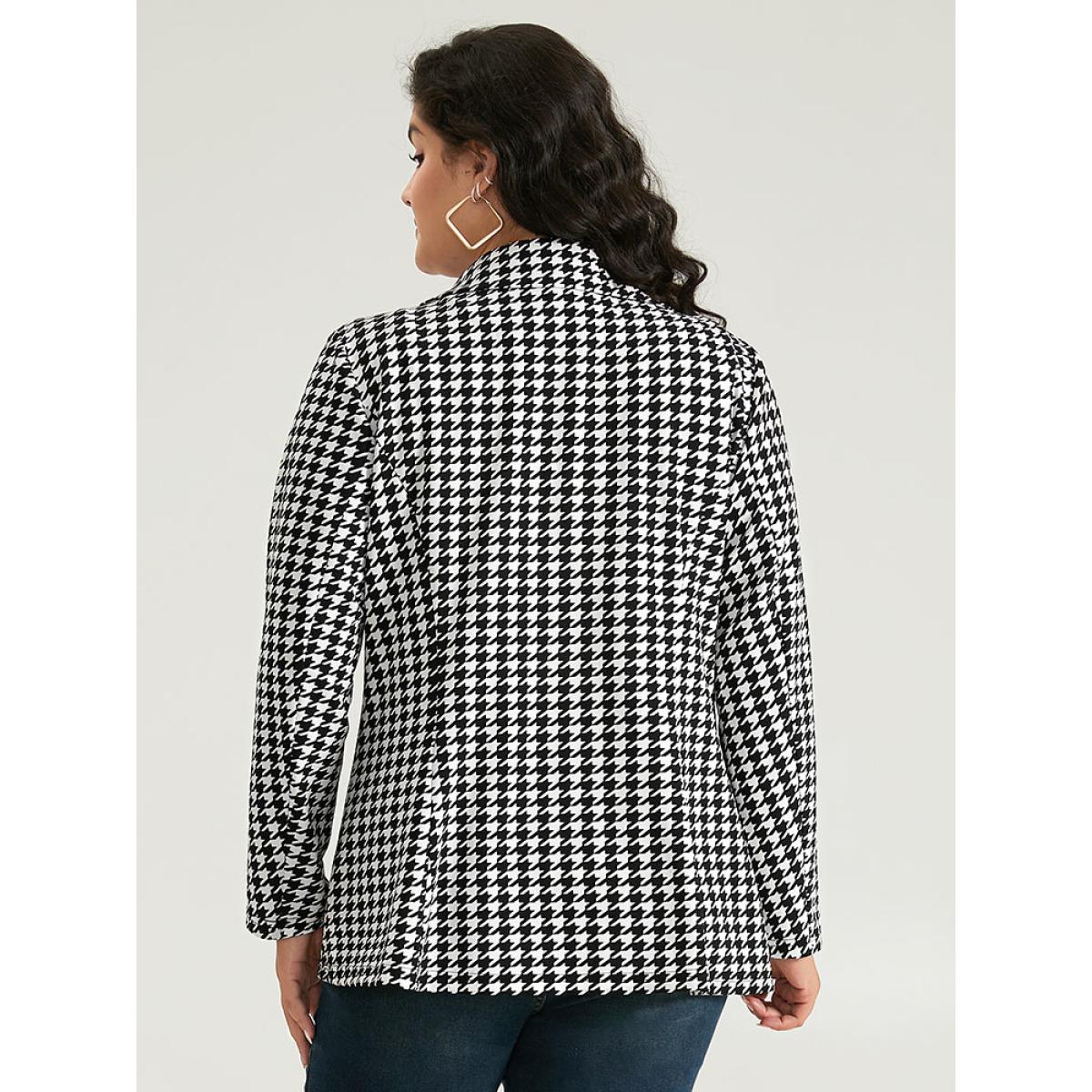 Plus Size Houndstooth Button Up Suit Collar Blazer Black Women Dailywear Houndstooth Contrast Sleeve Long Sleeve Suit Collar 28/5X Casual Blazers BloomChic Product Image