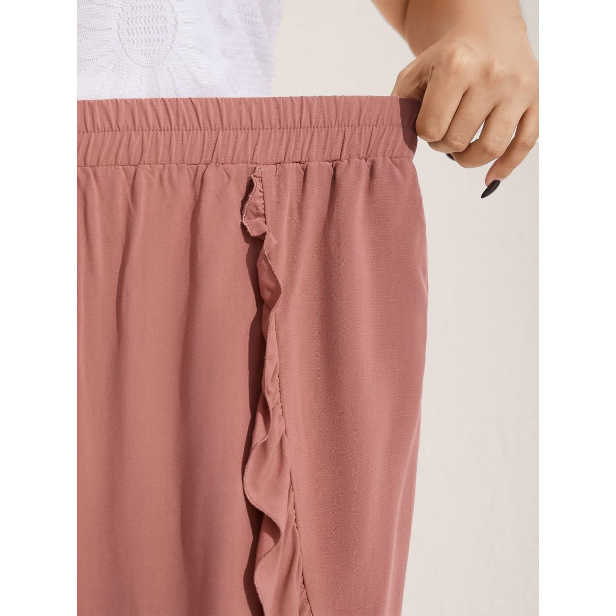 Plus Size Lotus Leaf Edge Solid Wide-Leg Pants Women Rouge Boho Wide Leg Mid Rise Vacation Pants BloomChic 12/L Product Image