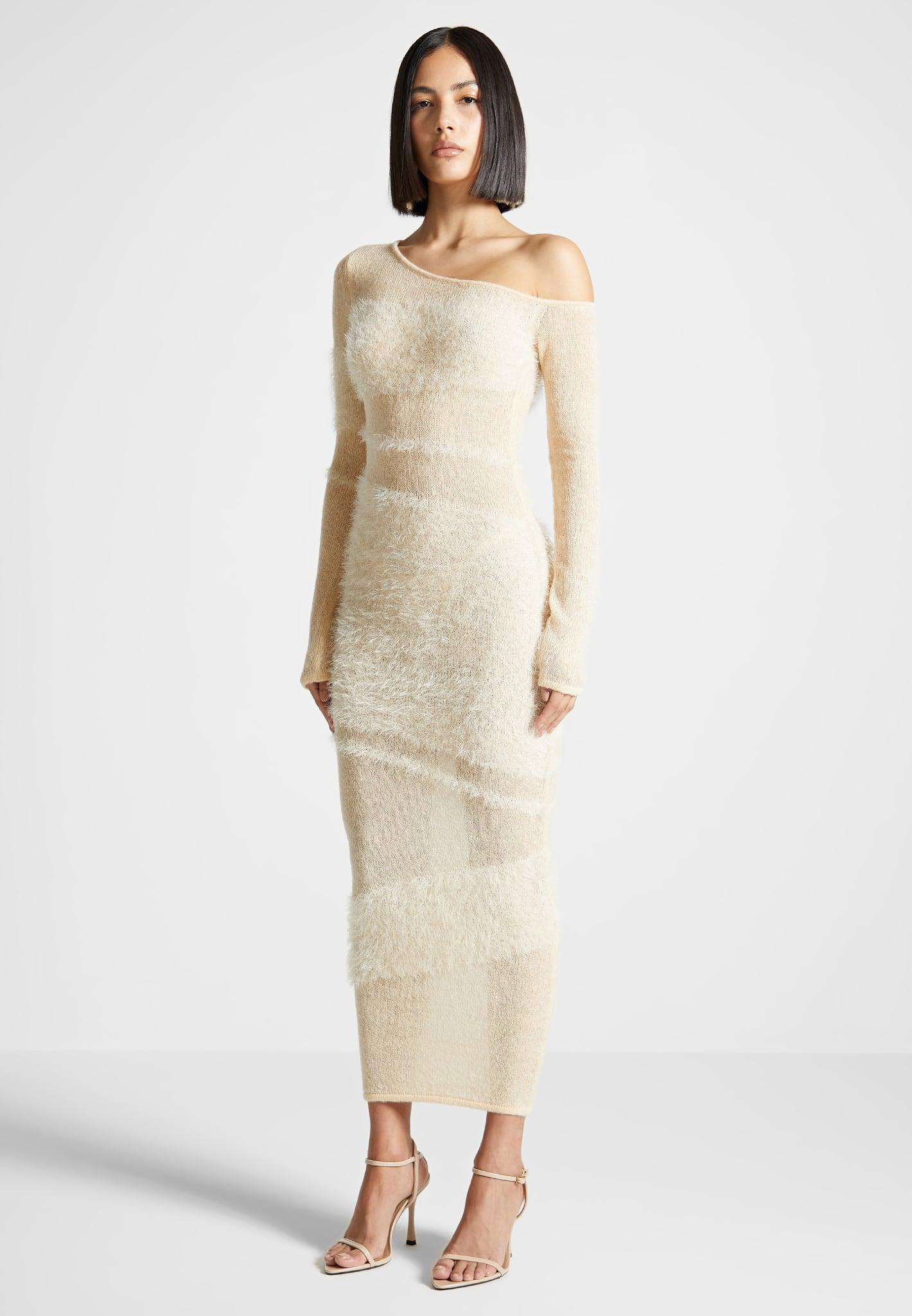 Off Shoulder Knitted Maxi Dress - Beige Female Product Image