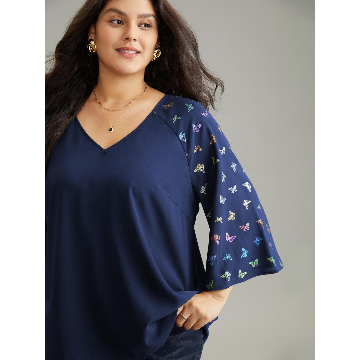 Plus Size Indigo Glitter Butterfly Flutter Raglan Sleeve Blouse Women Elegant Elbow-length sleeve V-neck Party Blouses BloomChic 18-20/2X Product Image
