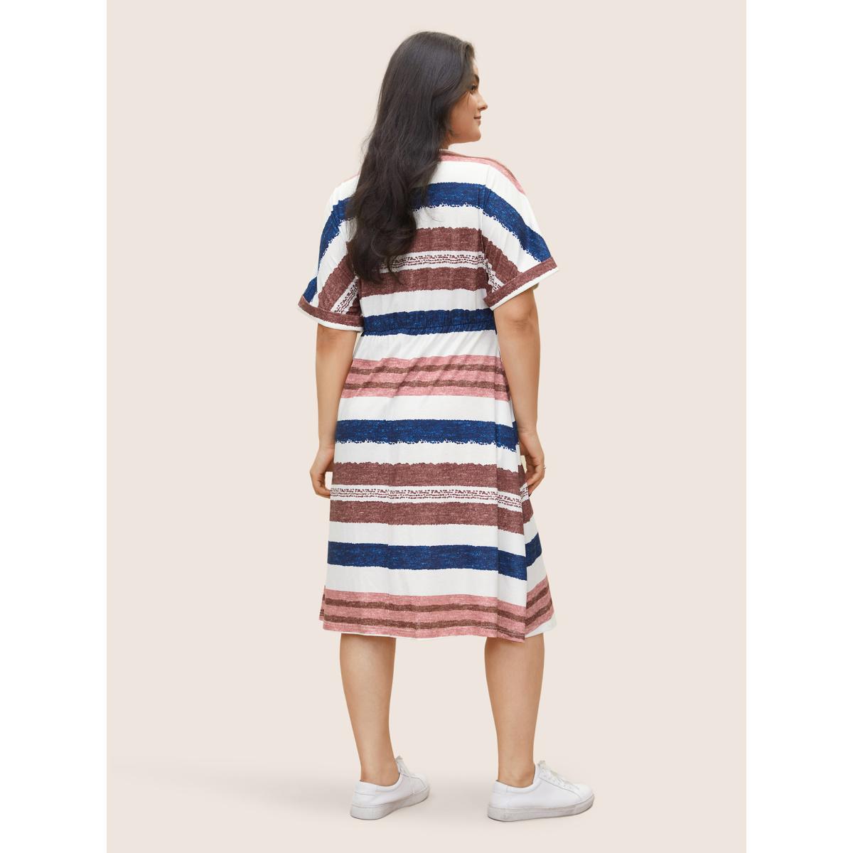 Plus Size Contrast Striped Button Detail Pocket Dress Multicolor Women Casual Non V-neck Short sleeve Curvy Midi Dress BloomChic 10/M Product Image