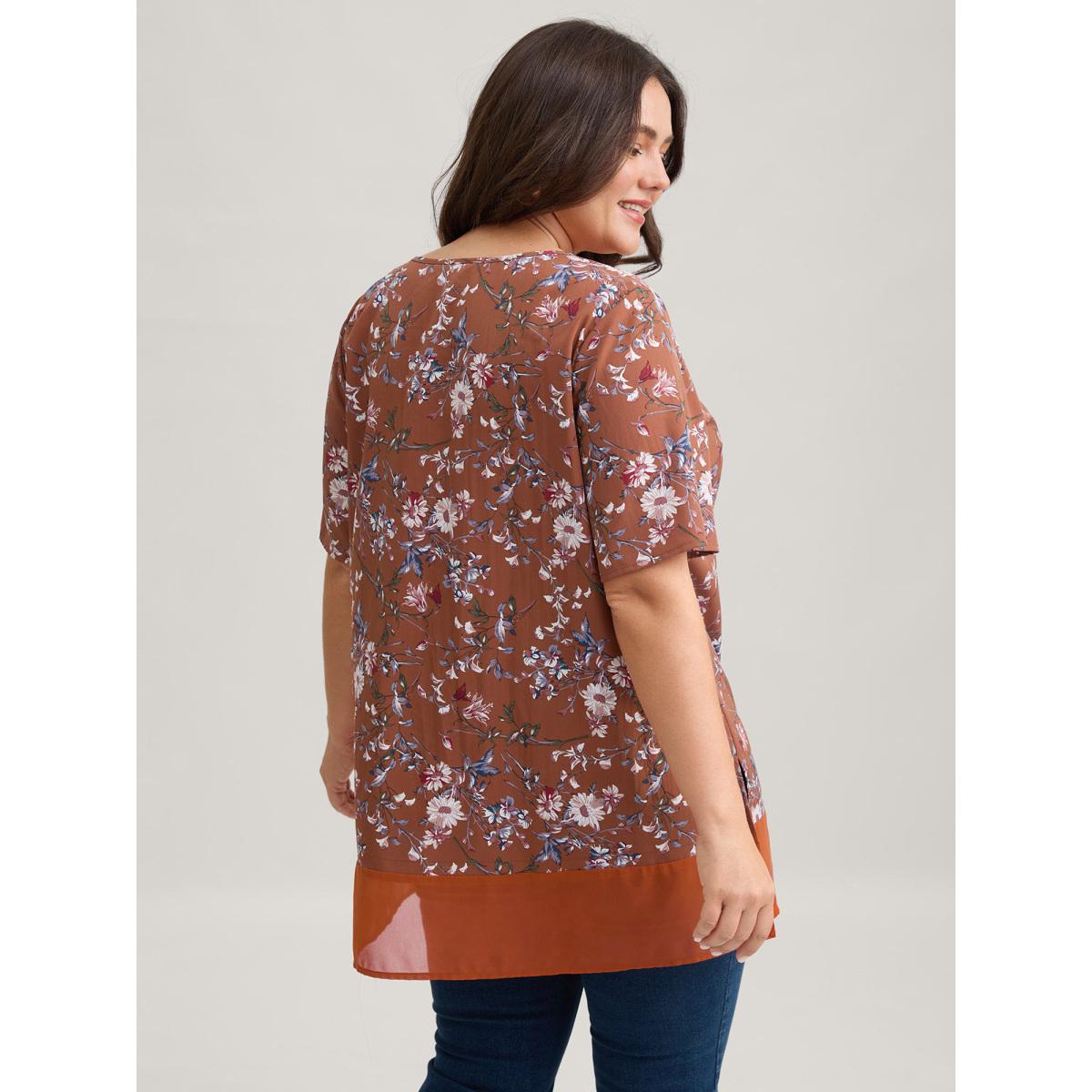 Plus Size Browncoffeecolor Garden Print Spliced V-Neck Blouse Women Romantic Short sleeve V-neck Elegant Blouses BloomChic 22-24/3X Product Image