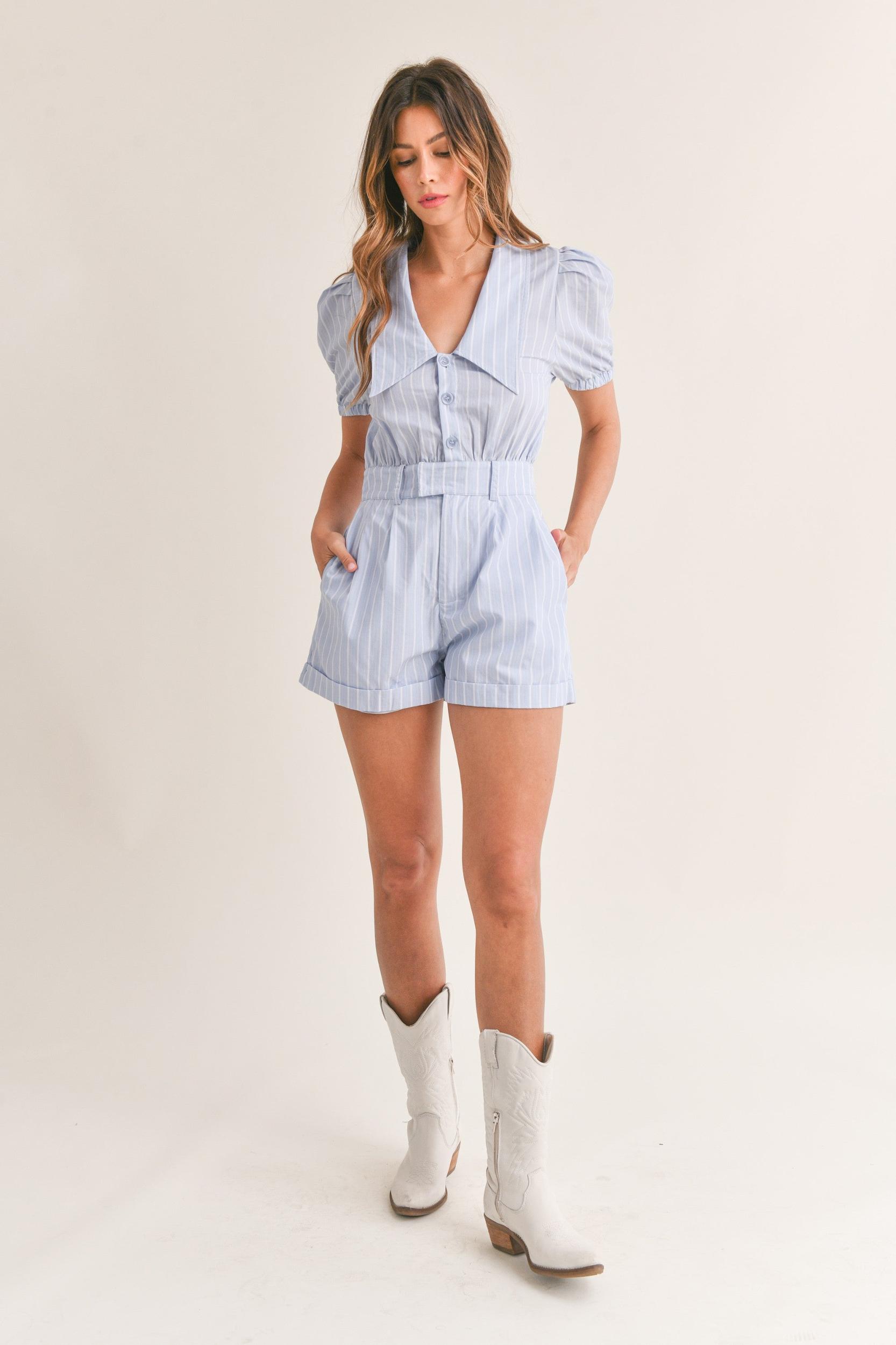 Striped Cute Collared Romper Product Image