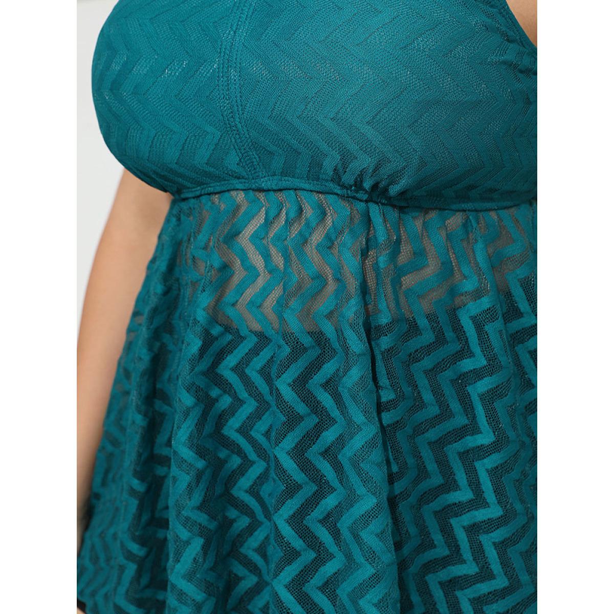 Plus Size Plain Geometric Mesh Flutter Hem V Neck Tankini Top Women's Swimwear Teal Vacation Adjustable Straps Medium stretch Bodycon V-neck Curve Swim Tops BloomChic 22-24/3X Product Image