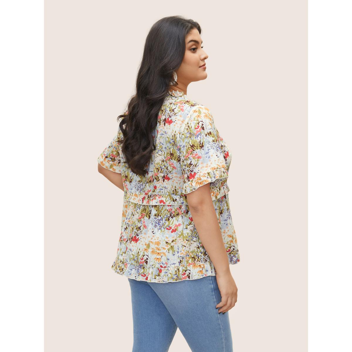 Plus Size Ivory Allover Print Tiered Ruffles Lace Patchwork Ties Blouse Women Elegant Short sleeve Notched collar Everyday Blouses BloomChic 12/L Product Image