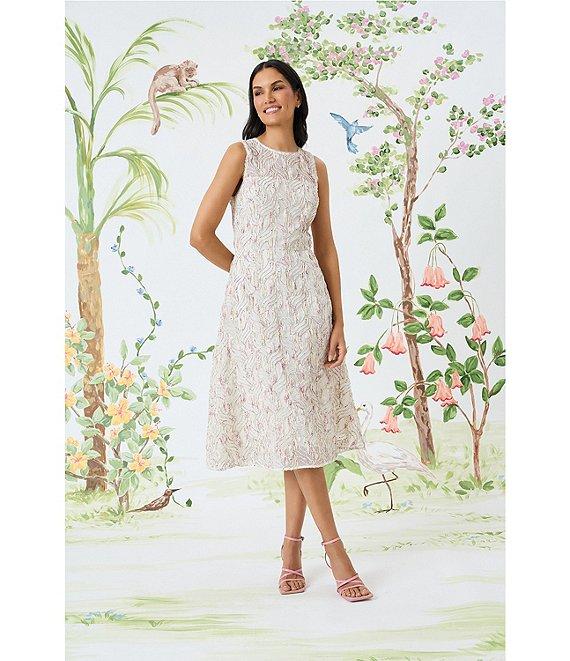 Maggy London Soutache Embroidered Organza Crew Neck Sleeveless A-Line Midi Dress Product Image