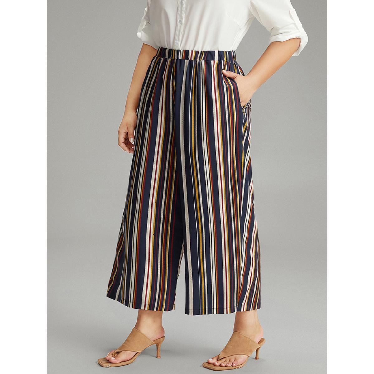 Plus Size Colour Striped Contrast Elastic Waist Wide Leg Pants Women Multicolor Casual Wide Leg High Rise Dailywear Pants BloomChic 10/M Product Image