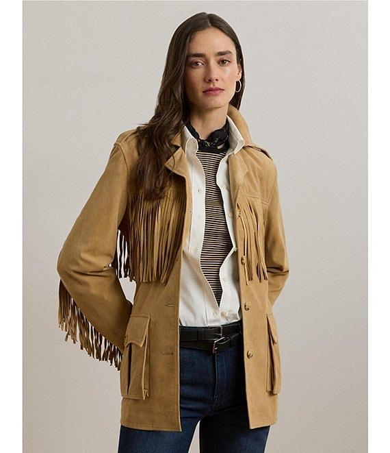 Lauren Ralph Lauren Fringe Trim Goat Suede Notch Collar Belted Jacket Product Image