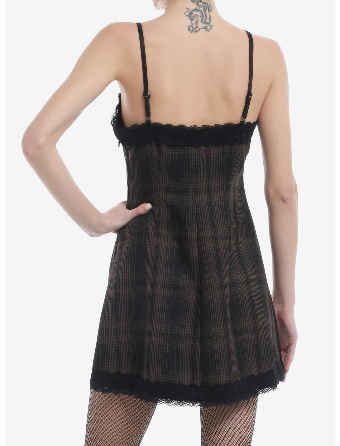 Brown Plaid Lace Slit Slip Dress Product Image