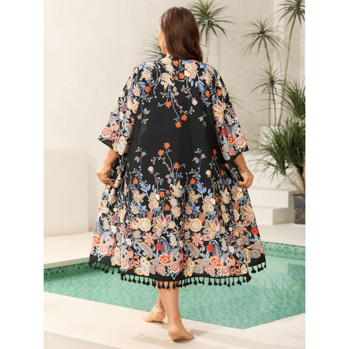 Plus Size Romantic Floral Print Vacation Kimono Cardigan Women Black Boho Tie knot Loose Vacation Kimonos BloomChic 14-16/1X Product Image