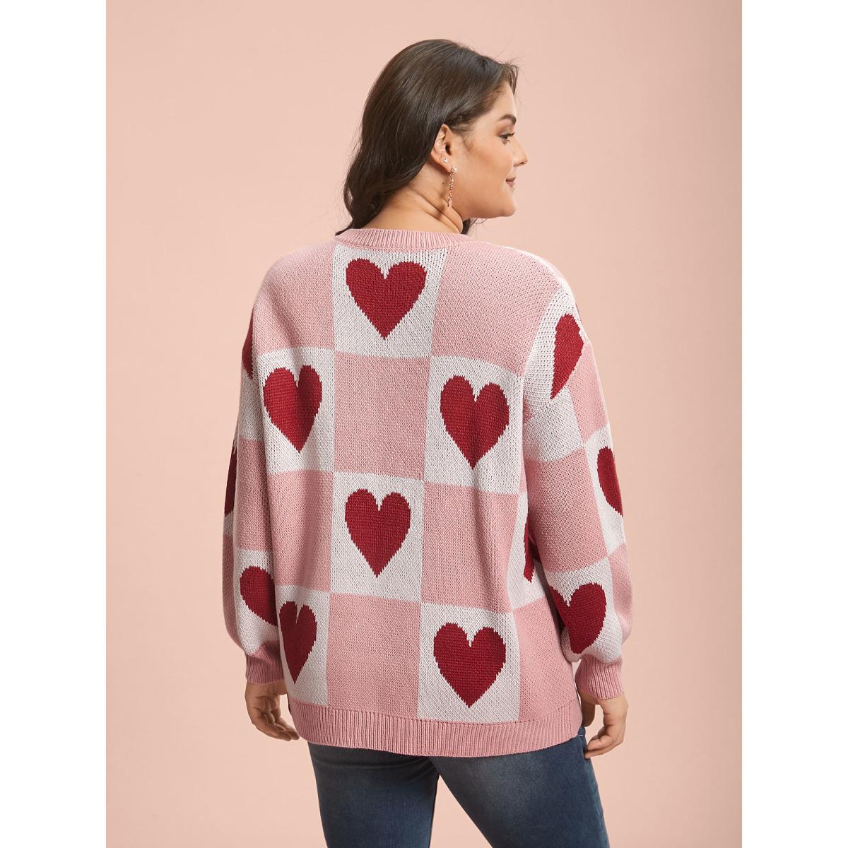 Plus Size Checkered Hearts Jacquard Color-Contrast Pullover Watermelon Women Casual Loose Long Sleeve Round Neck Everyday Pullovers BloomChic 28/5X Product Image