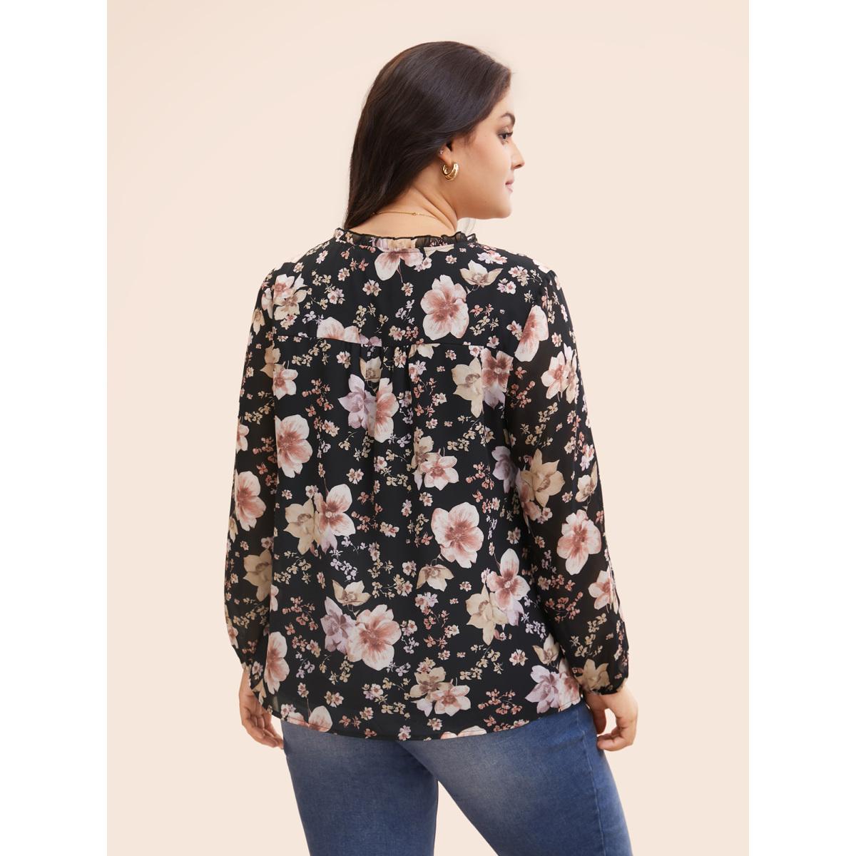 Plus Size Black Chiffon Floral Notched Ruffle Trim Blouse Women Elegant Long Sleeve Notched collar Everyday Blouses BloomChic 30/6X Product Image