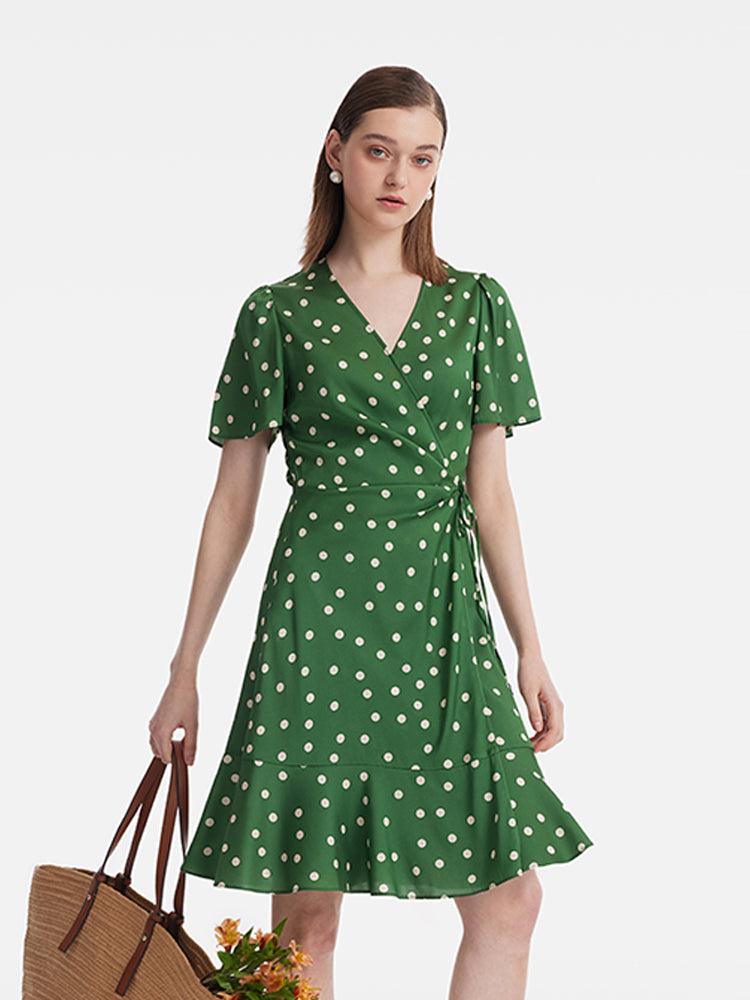 19 Momme Mulberry Silk Polka Dots Print Ruffle Women Mini Dress With S Product Image