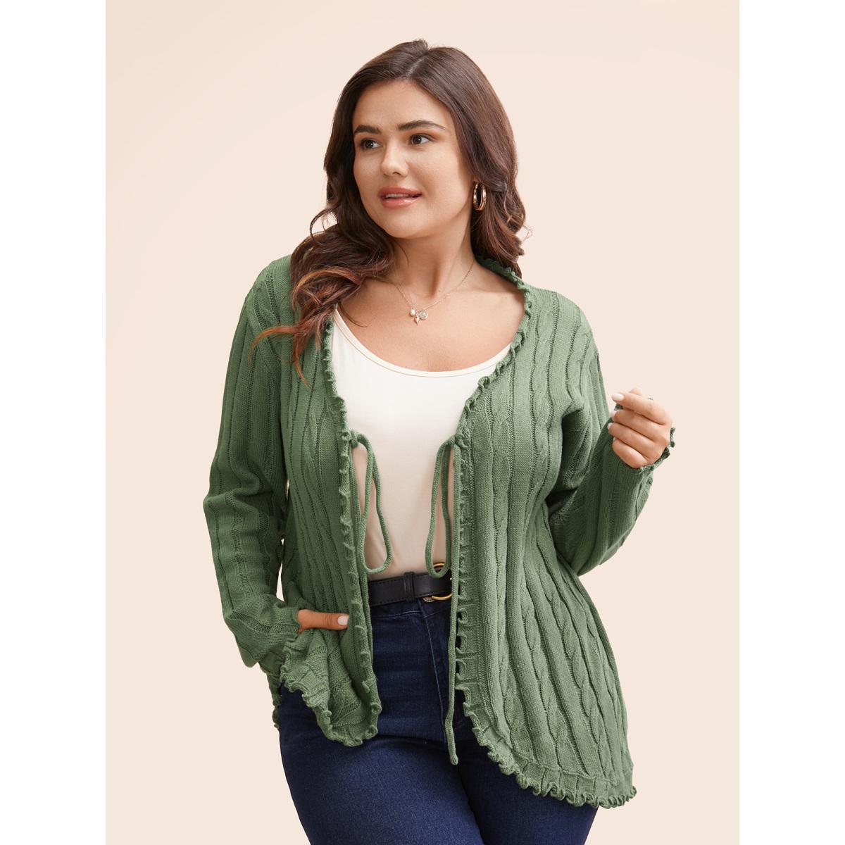 Plus Size Cable Knit Tie Knot Frill Trim Cardigan Greenbean Women Casual Loose Long Sleeve Everyday Cardigans BloomChic 22-24/3X Product Image