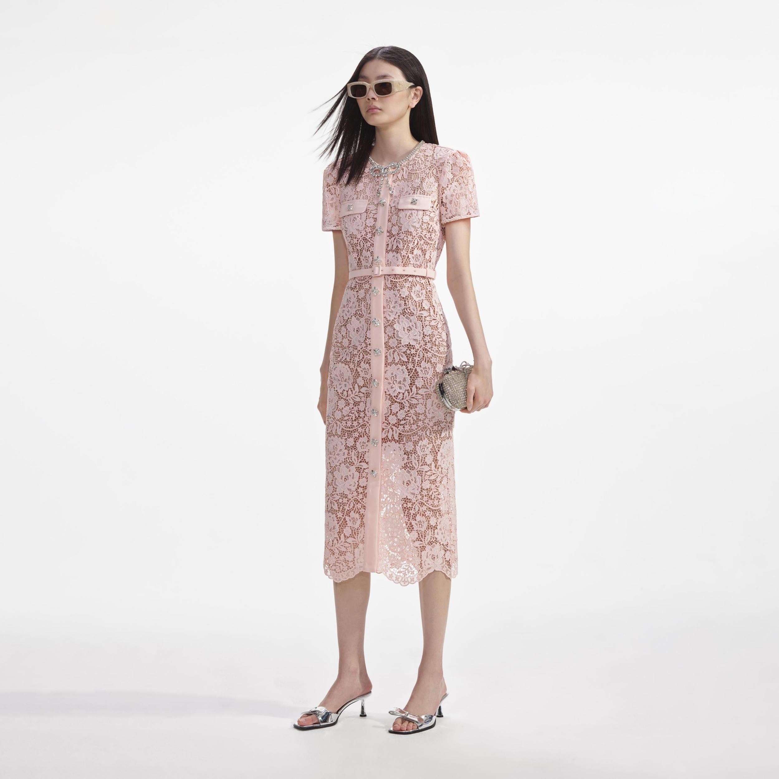 Pink Lace Diamante Bow Midi Dress Product Image