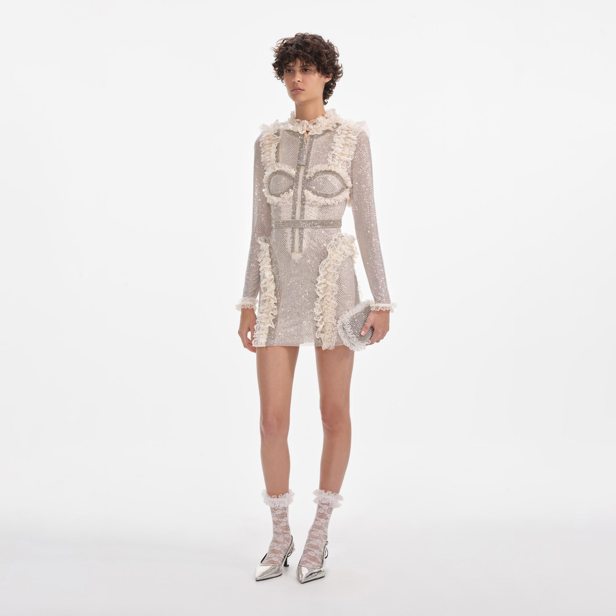 Cream Rhinestone Mesh Ruffle Mini Dress Product Image