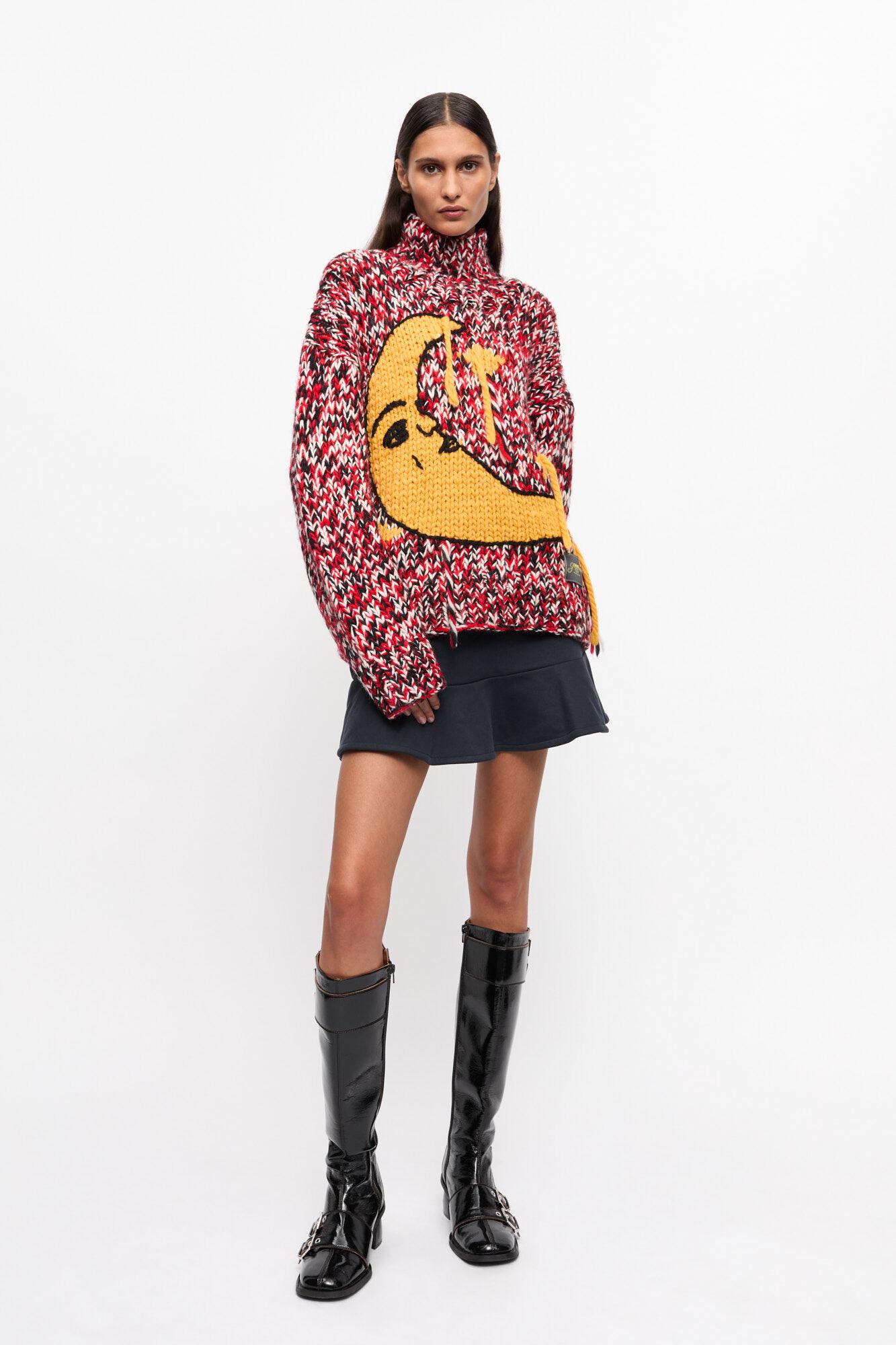 Red Handknit High Neck Sweater Product Image