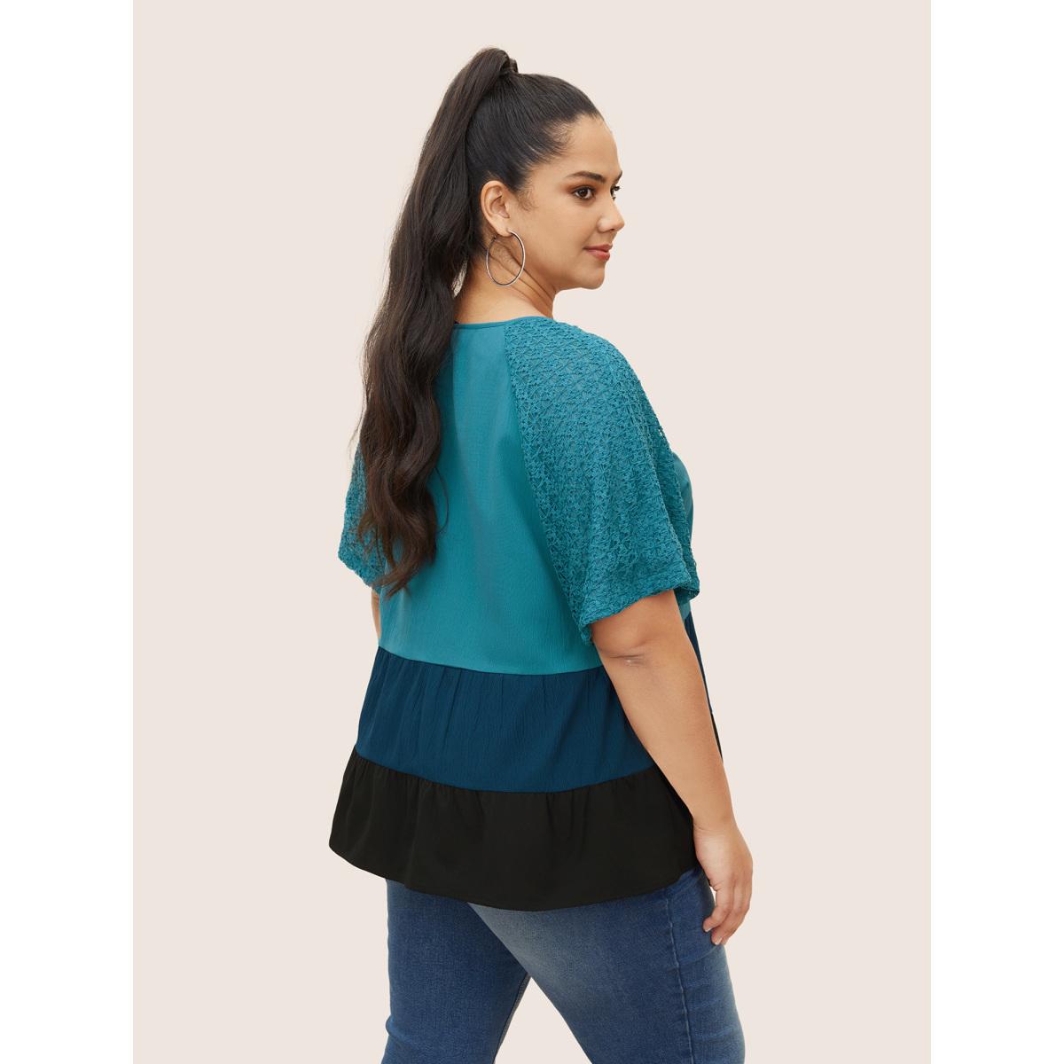 Plus Size Cerulean Colorblock Contrast Lace Panel Raglan Sleeve Blouse Women Casual Short sleeve Round Neck Everyday Blouses BloomChic 26/4X Product Image