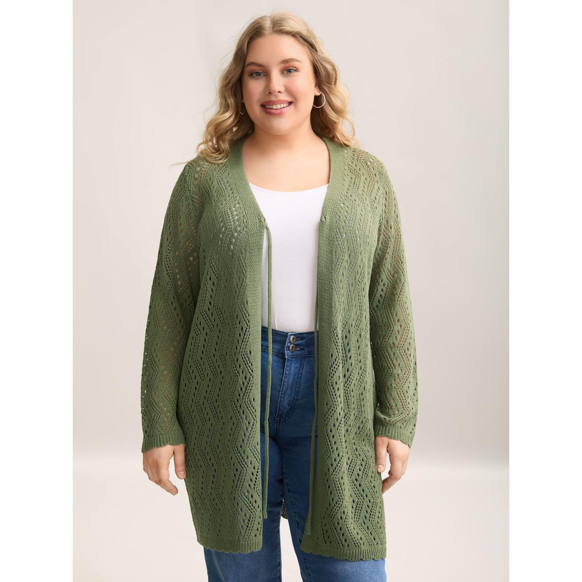 Plus Size Eyelet Trim Front Mid Tie Knit Cardigan Moss Women Casual Loose Long Sleeve Everyday-Casual Cardigans BloomChic 12/L Product Image