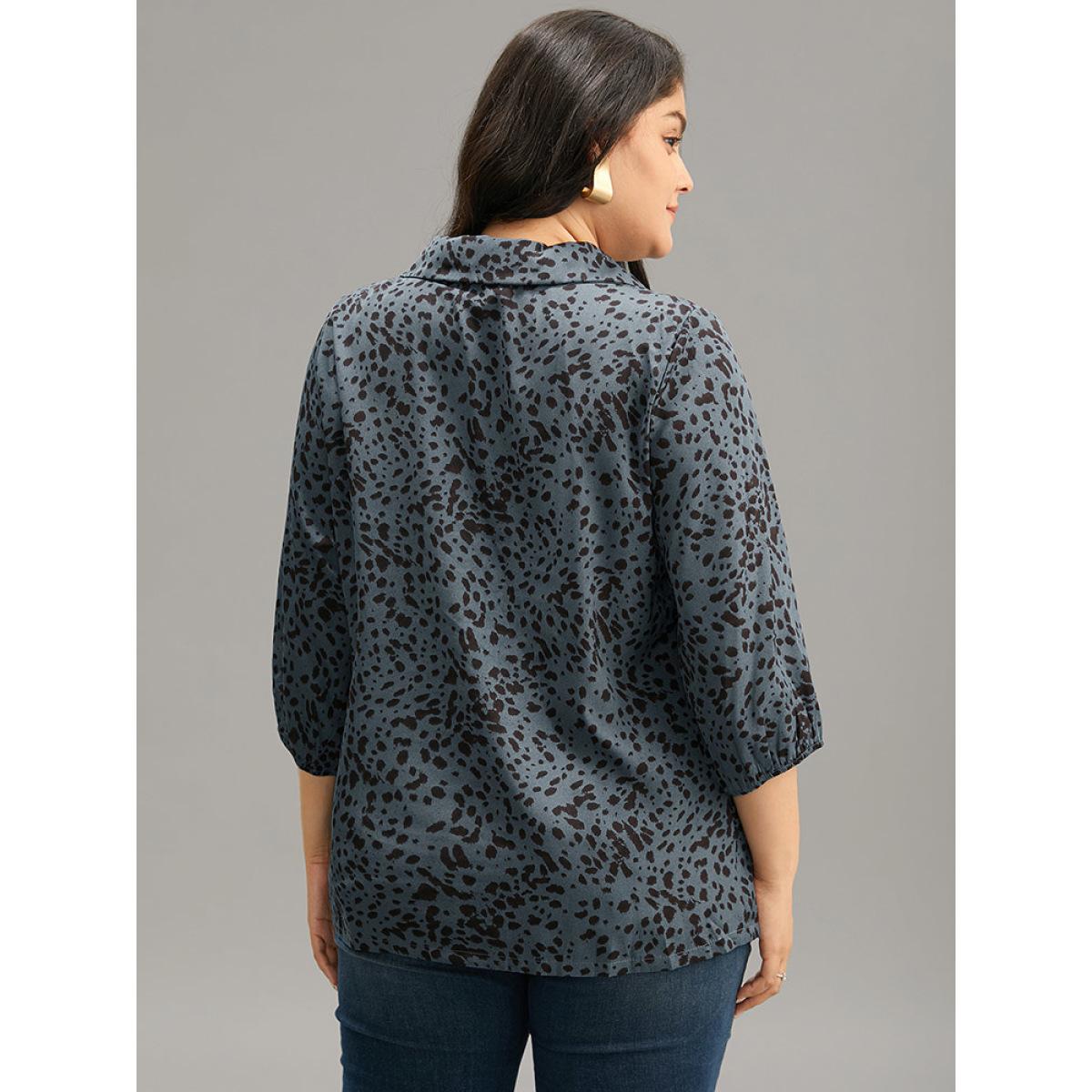 Plus Size Stone Leopard Suit Collar Elastic Cuffs Button Through Blouse Women Office Elbow-length sleeve Suit Collar Office Blouses BloomChic 30/6X Product Image