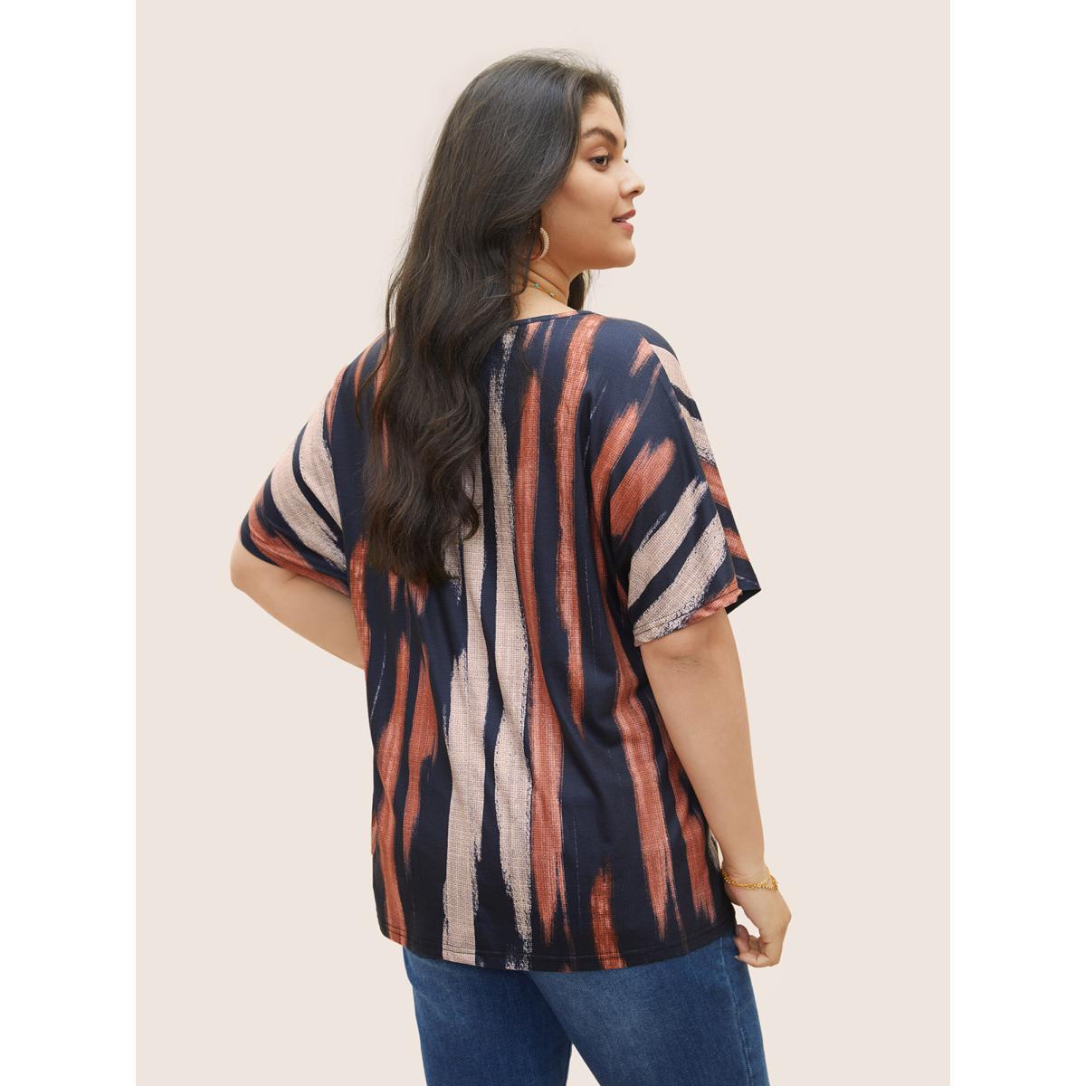 Plus Size Striped Contrast Dolman Sleeve V Neck T-shirt Midnight Women Casual Striped V-neck Everyday T-shirts BloomChic 22-24/3X Product Image