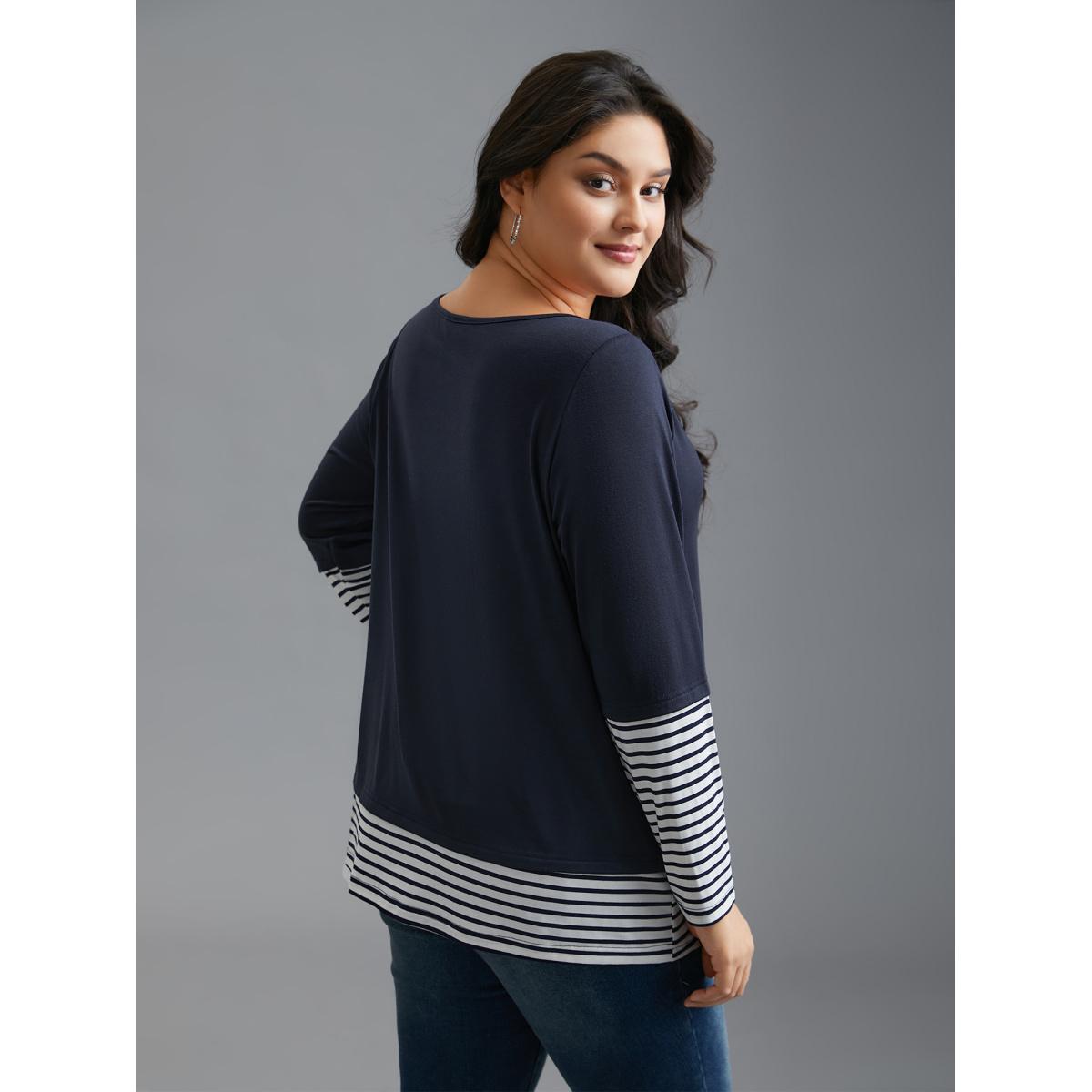 Plus Size Boat Neck Striped Patchwork T-Shirt Indigo Women Casual Contrast Boat Neck Everyday T-shirts BloomChic 28/5X Product Image