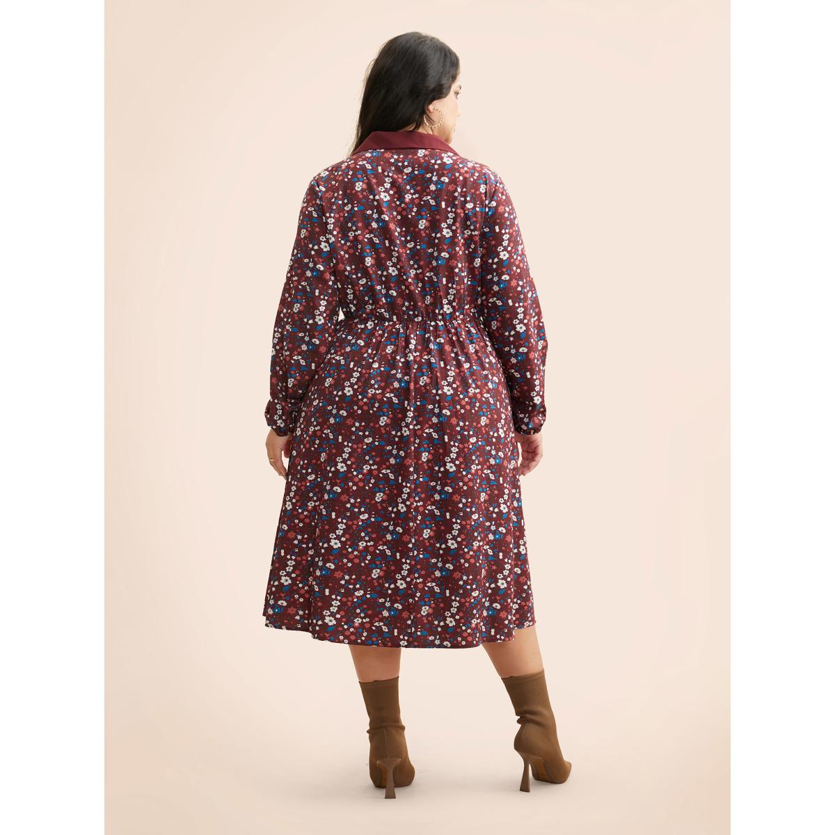 Plus Size Ditsy Floral Woven Ribbon Button Up Dress Burgundy Women Casual Woven ribbon&lace trim Shirt collar Extra Long Sleeve Curvy BloomChic 28/5X Product Image