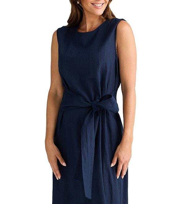 Brave + True Linen Blend Sleeveless Tie Front Smocked Back Midi Dress Product Image