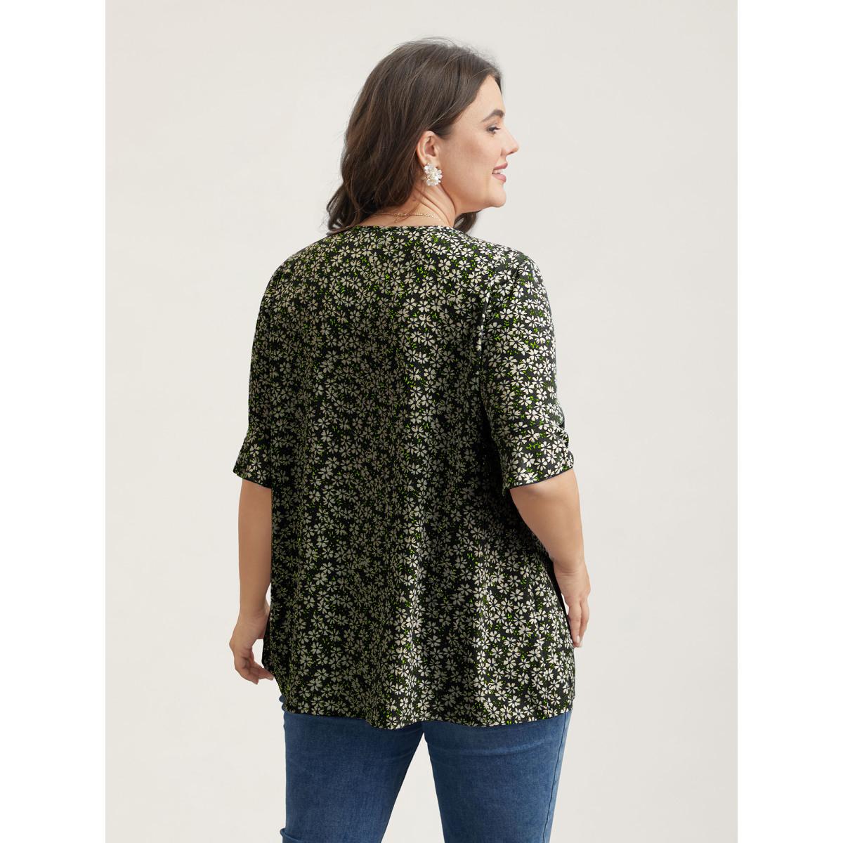 Plus Size Black Ditsy Floral Pleated Flared Sleeve Shirt Women Timeless Half Sleeve V-neck Elegant Blouses BloomChic 14-16/1X Product Image