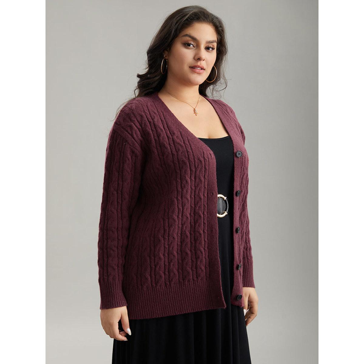 Plus Size Solid Cable Knit Button Fly Cardigan Burgundy Women Casual Loose Long Sleeve Everyday Cardigans BloomChic 14-16/1X Product Image