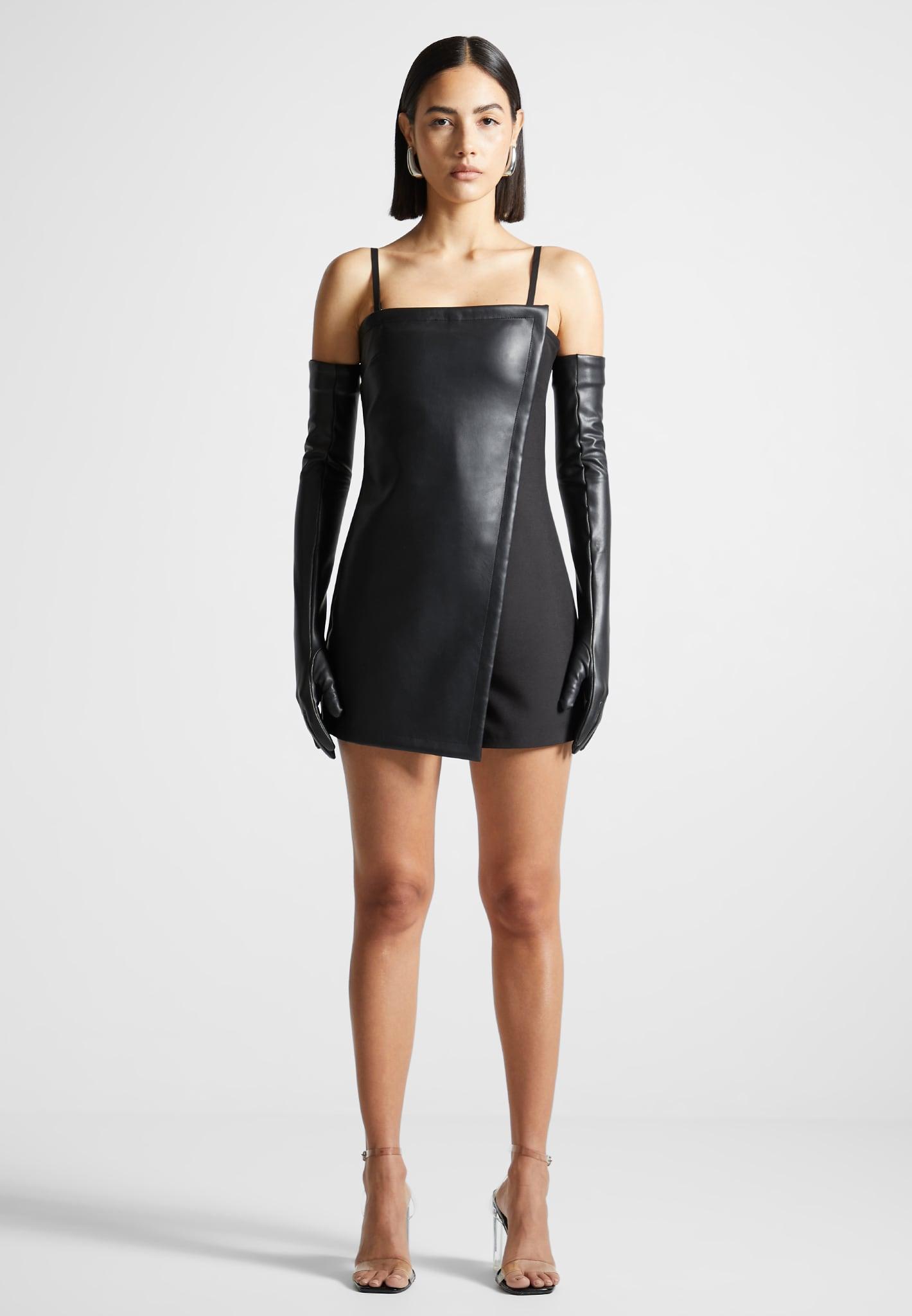 Leather Tailored Playsuit with Gloves - Black Female Product Image