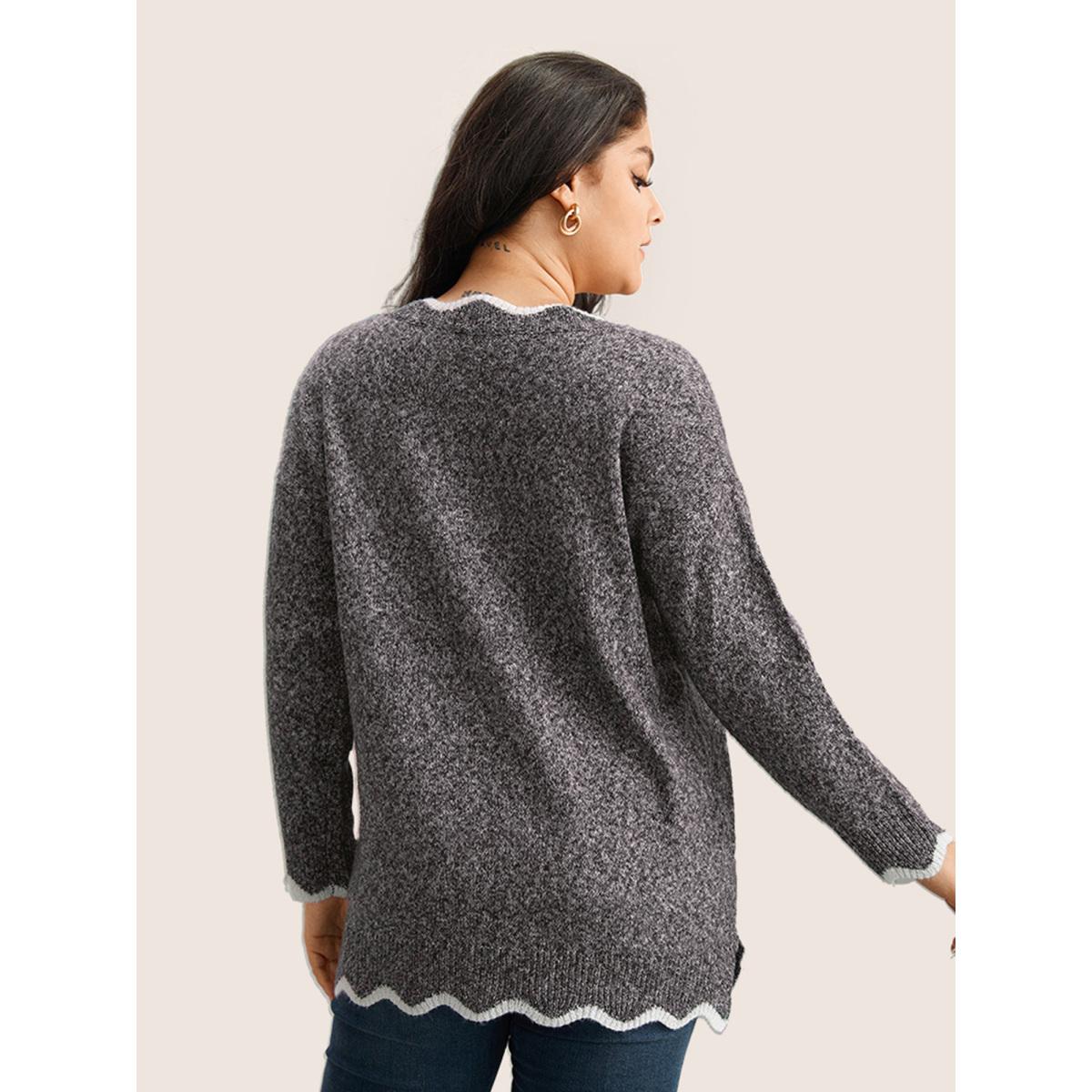Plus Size Contrast Split Side Scalloped Trim Pullover Heather Women Casual Long Sleeve V-neck Everyday Pullovers BloomChic 26/4X Product Image