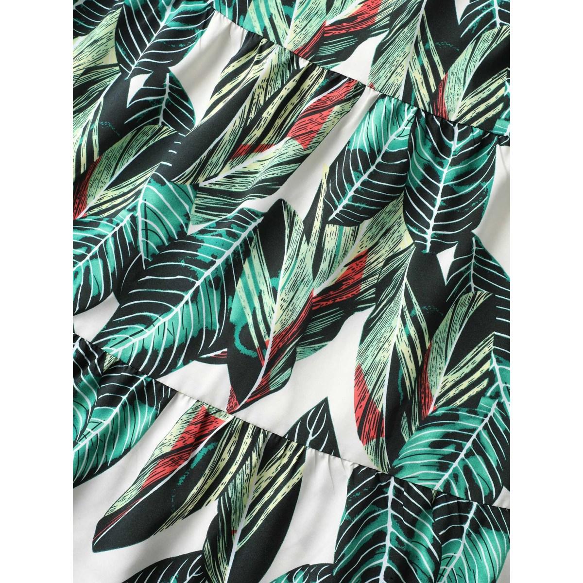 Plus Size Tropical Floral Pattern Tiered Midi Skirt Women Emerald Elegant Bodycon Low stretch Side seam pocket Belt Everyday Skirts BloomChic 26/4X Product Image