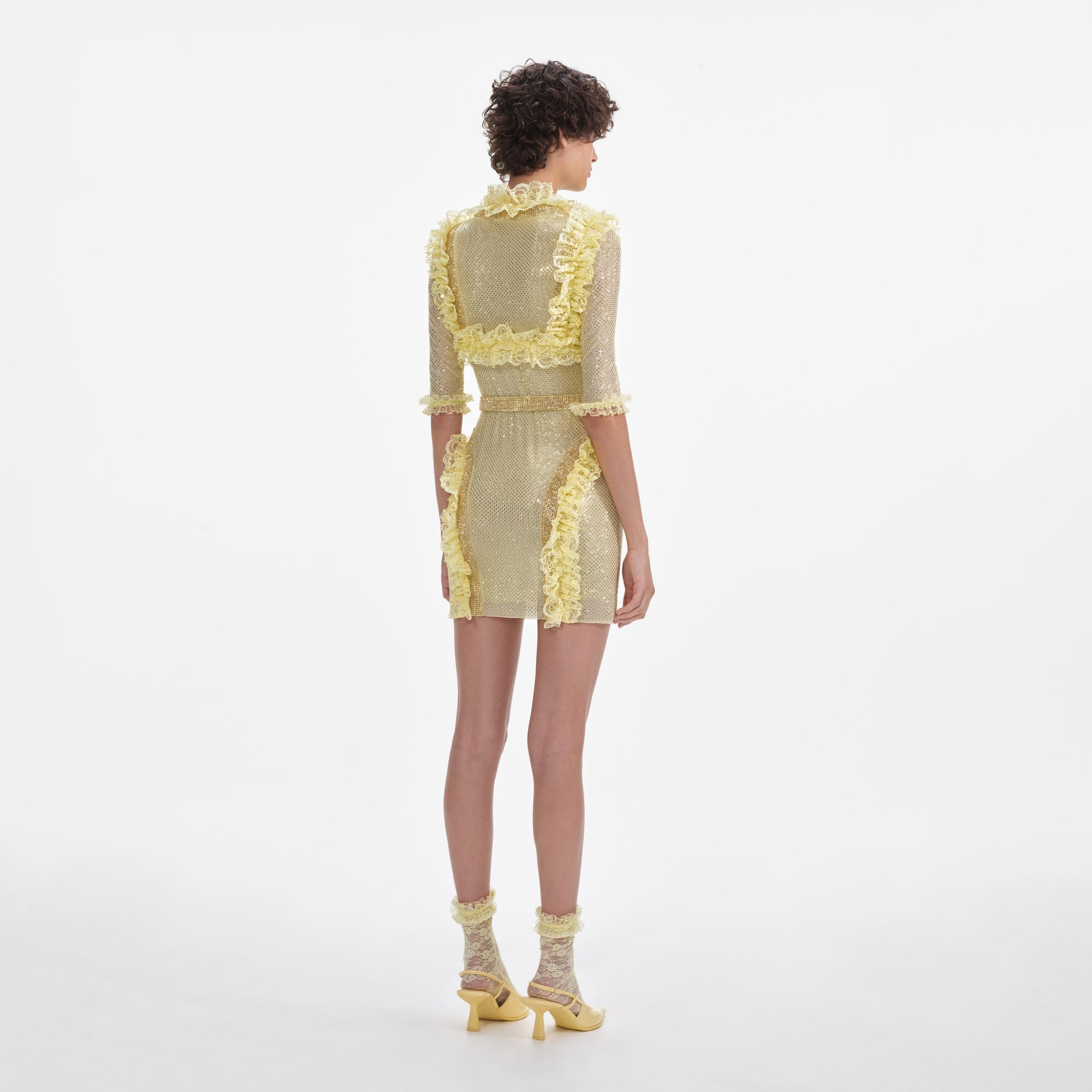 Yellow Rhinestone Mesh Ruffle Mini Dress Product Image