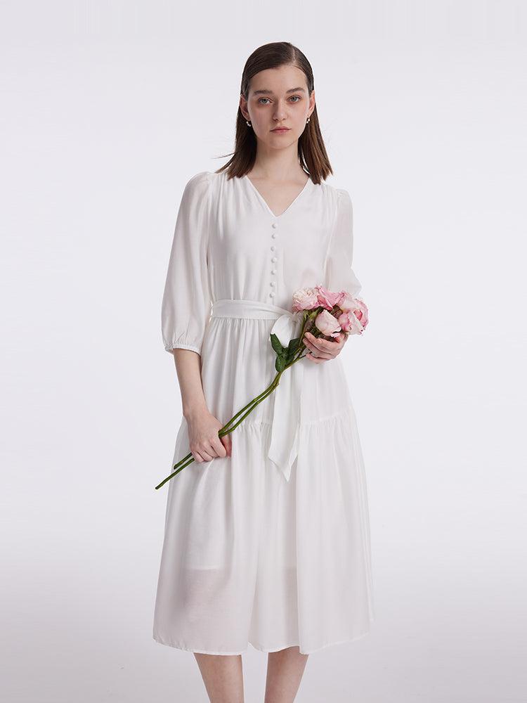 White V-Neck Gathered Waist Midi Dress Product Image