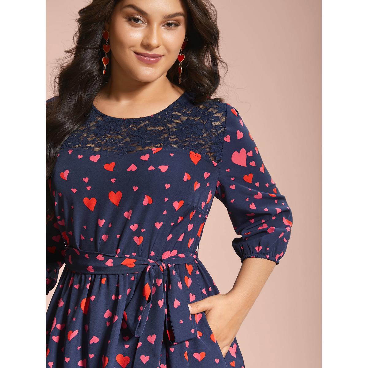 Plus Size Lace Insert Heart Print Waist-Tie Dress DarkBlue Women Elegant Woven ribbon&lace trim Round Neck Elbow-length sleeve Curvy BloomChic 10/M Product Image