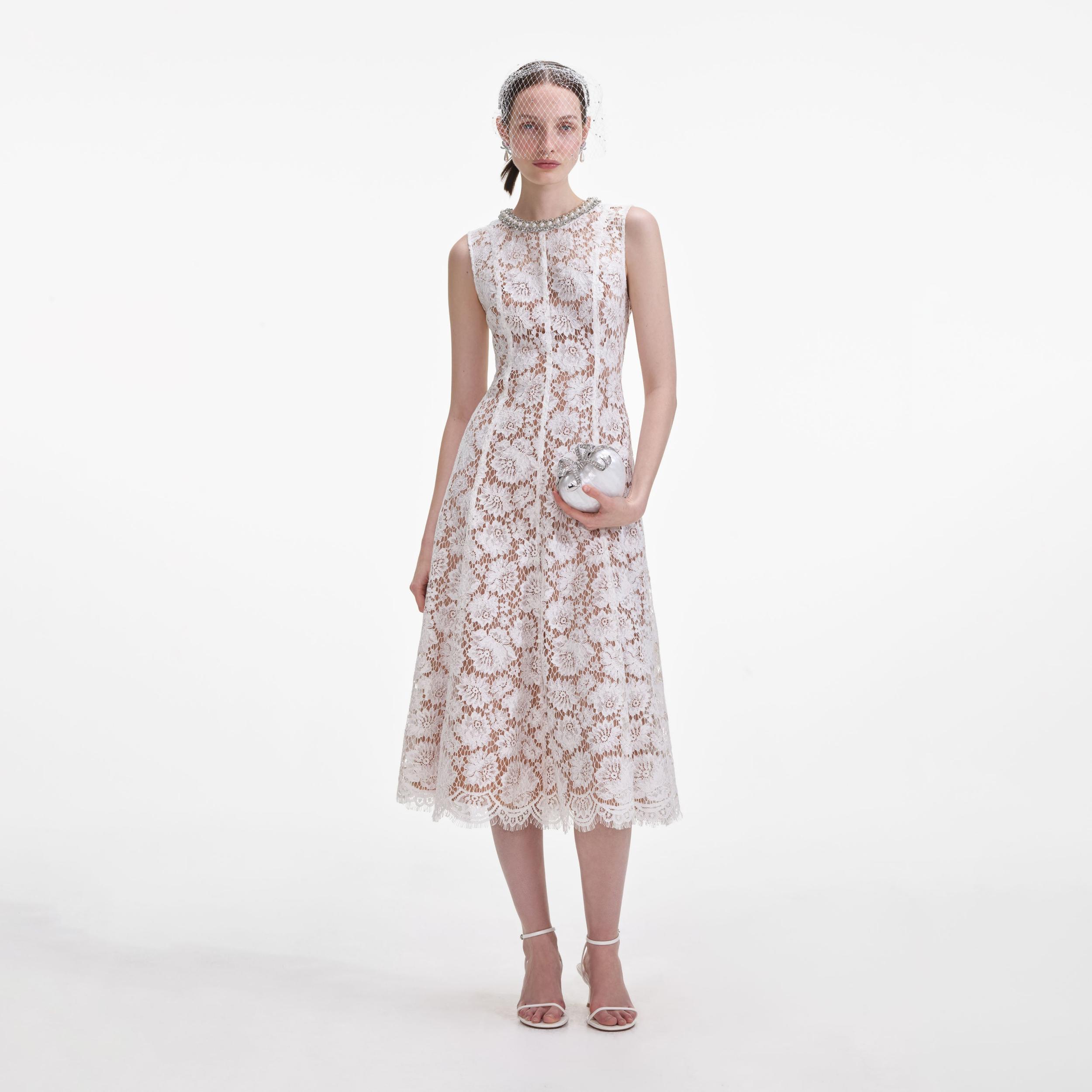 White Fine Lace Pearl Midi Dress Product Image