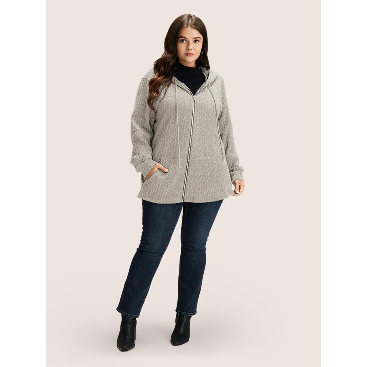 Plus Size Plain Textured Zipper Hooded Sweatshirt Women Champagne Casual Non Hooded Everyday Sweatshirts BloomChic 28/5X Product Image