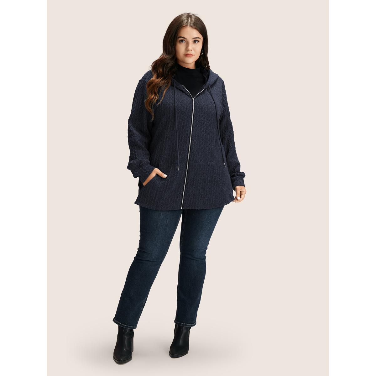 Plus Size Plain Textured Zipper Hooded Sweatshirt Women DarkBlue Casual Non Hooded Everyday Sweatshirts BloomChic 26/4X Product Image