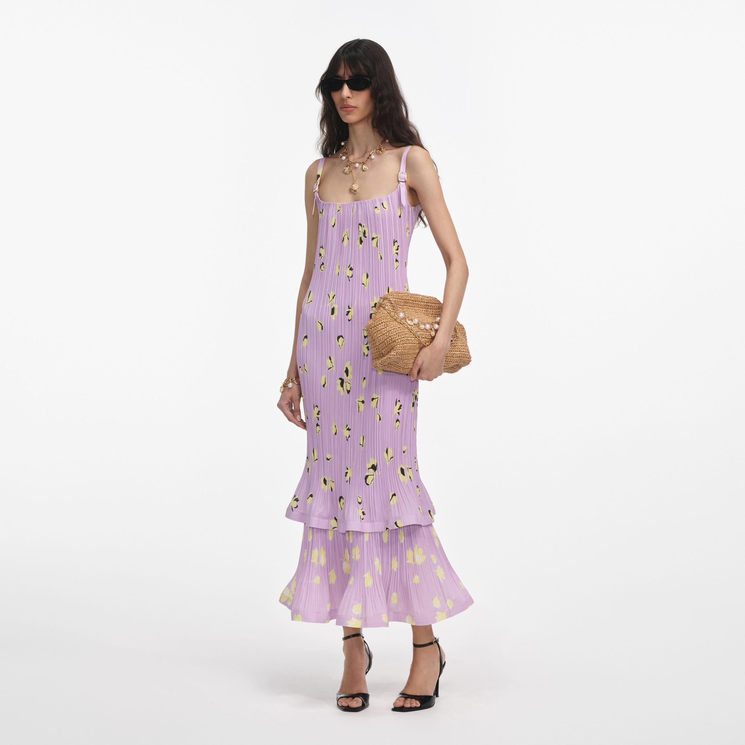 Lilac Floral Plisse Midi Dress Product Image